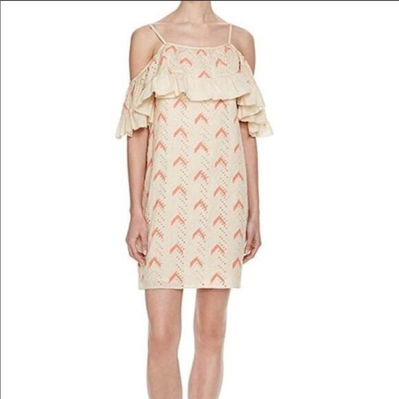 NEW PEPIN Zadie Ruffle Off Shoulder Tank TOP Cream Pink Chevron Eyelet Dress 2 - Picture 1 of 7